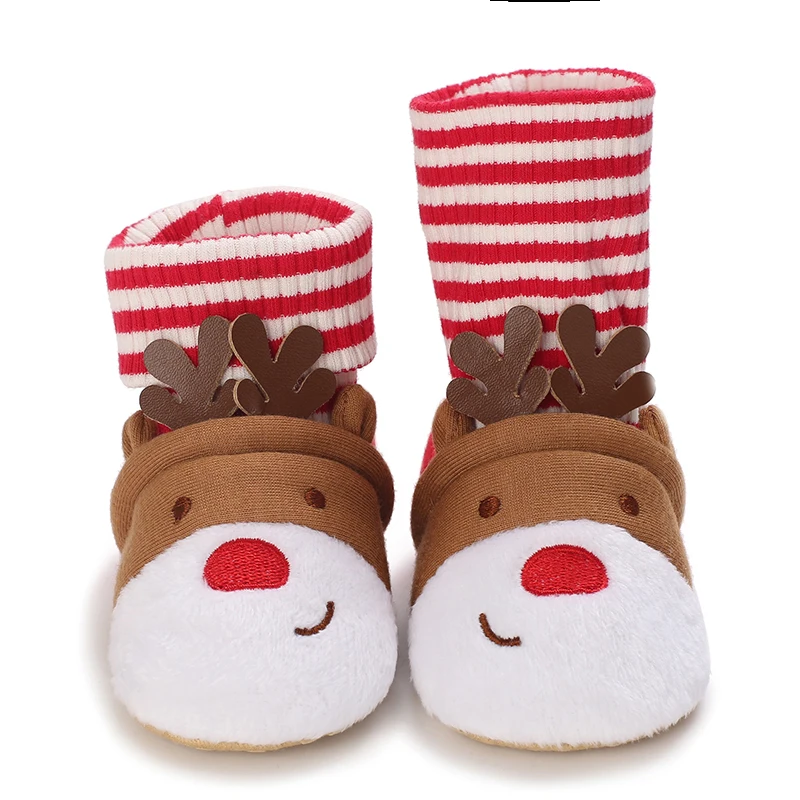 0-18M Бебе Коледа Буйки Stripe печат елен модел мек против хлъзгане яслите обувки новородено бебе есен зимни чорап обувки