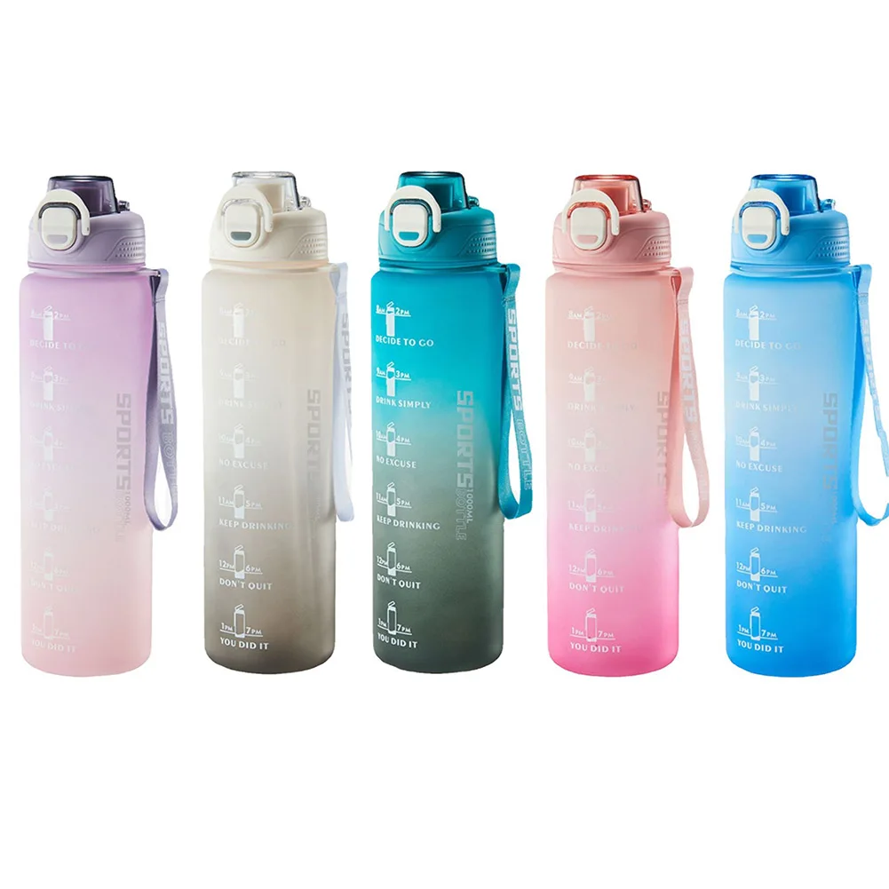 1000ML Пиене спортни бутилки матирано градиент преносим открит спорт вода чаша със слама Drinkware за къмпинг туризъм бягане