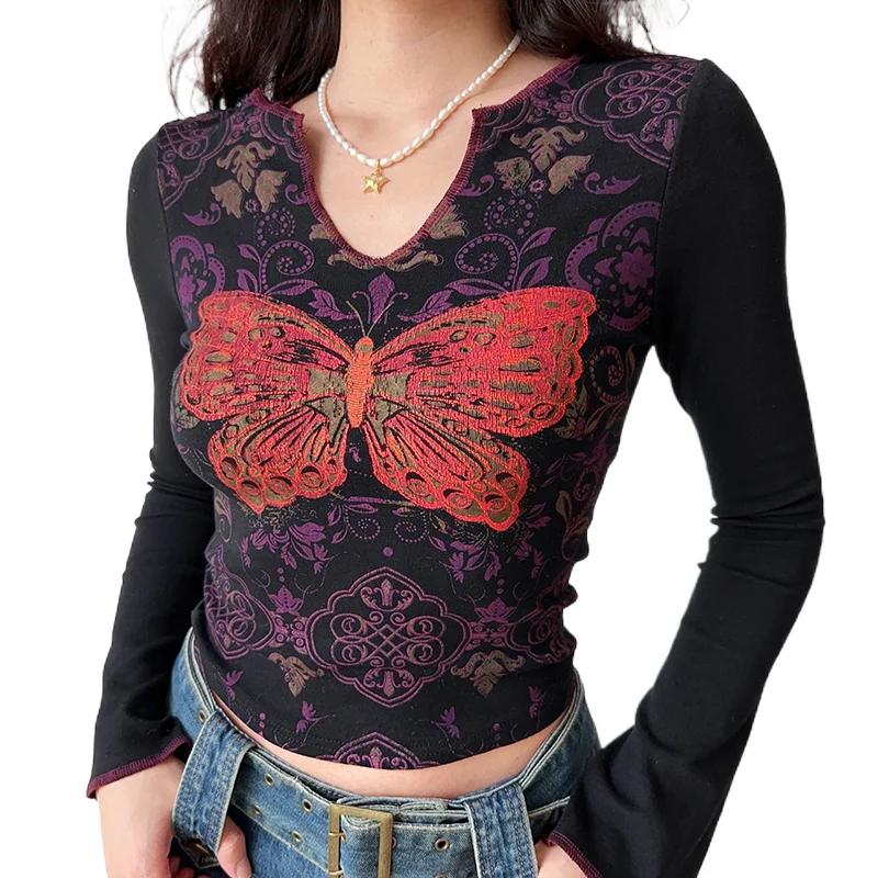 2000s ретро естетически гръндж върхове Y2K пеперуда печат Топ 90 реколта графични жени v-образно деколте яка дълъг ръкав Tees дрехи