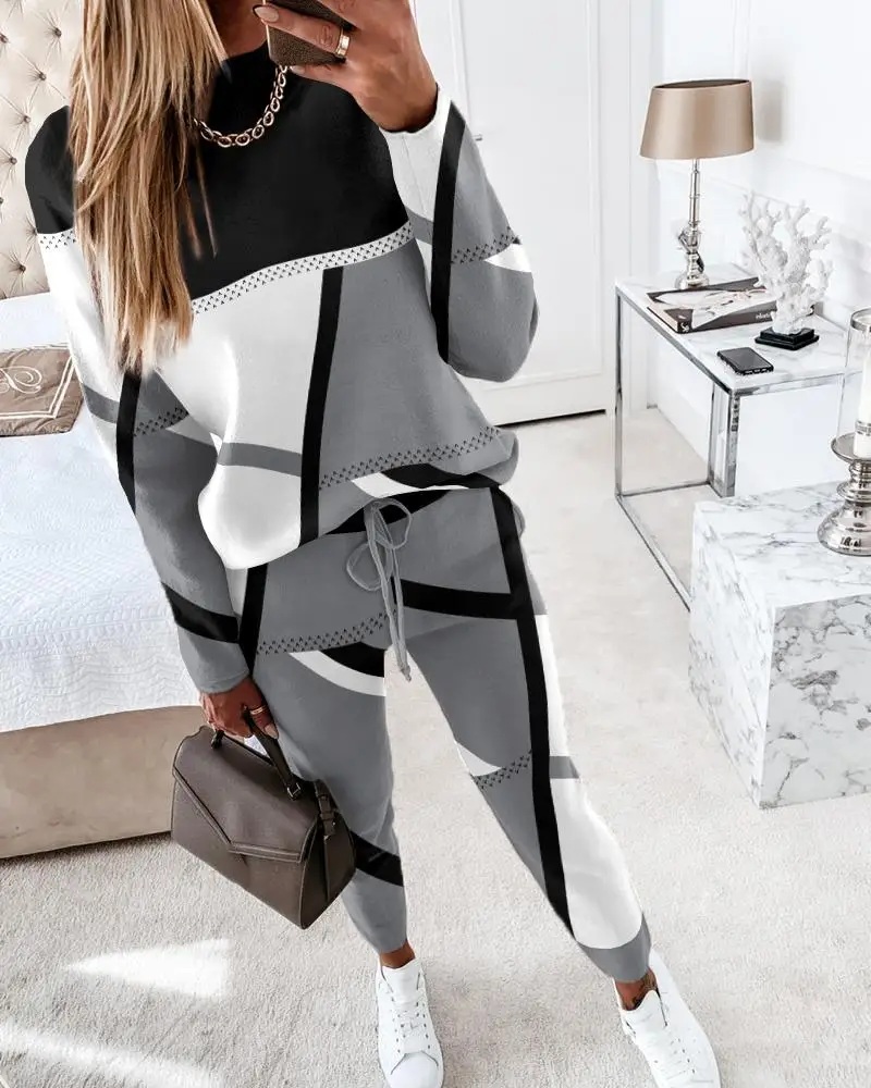 2023 Дамски моден геометричен печат дълъг ръкав топ панталони комплект две части костюм високо деколте дълъг ръкав панталони костюм дамски дрехи