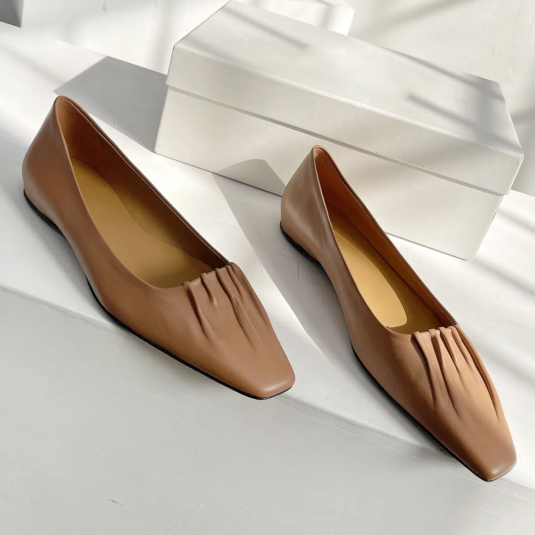 2023 Нова пролет есен кратки апартаменти естествена кожа обувки за жени плътен цвят квадратен пръст комфорт модерен Сапатос пара Mujeres