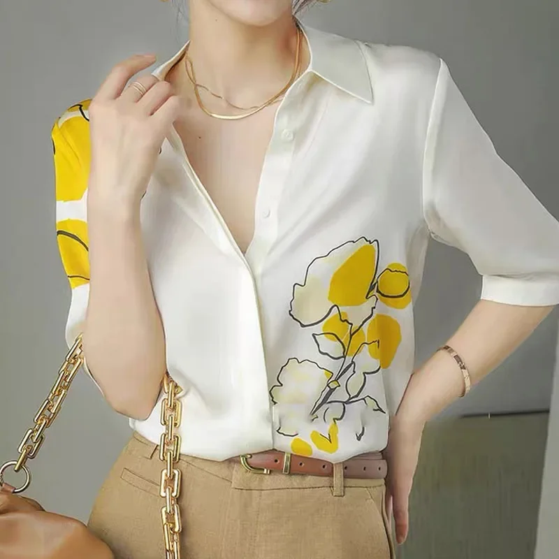 2024 Летен офис Дама ежедневни върхове мода жени хлабав елегантен копринени ризи цвете печат половин ръкав сатенени блузи Blusas 22079
