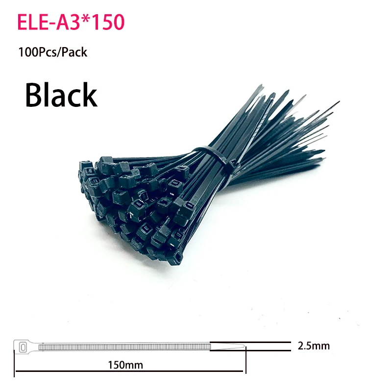 3x150mm пластмасова самозаключваща се пластмасова черна найлонова вратовръзка 100PCS / чанта цип обвива каишка найлон кабелна връзка с множество