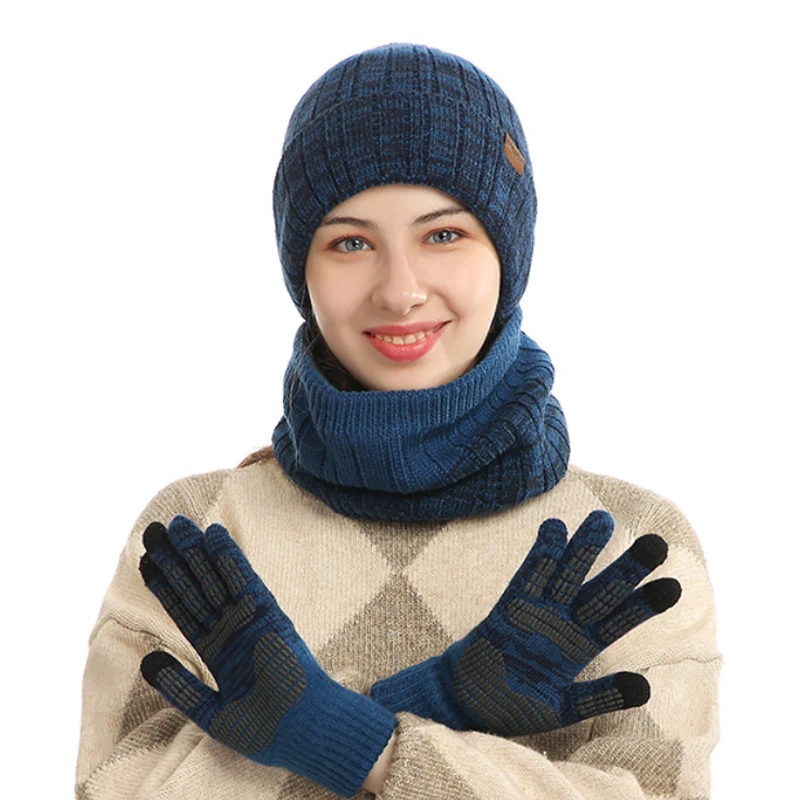 3бр жени есен зима плетени шал шапка ръкавица комплекти мода цветни сгъстяване плюшени сензорен екран ръкавица дама шал шапки