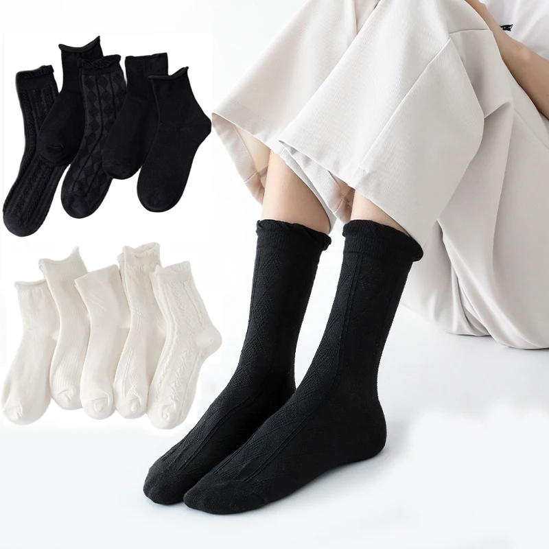 5 чифта плътен цвят бременна широка уста антибактериални женски чорапи черен дезодориране средно тръба чорапи бял чист памук чорапи