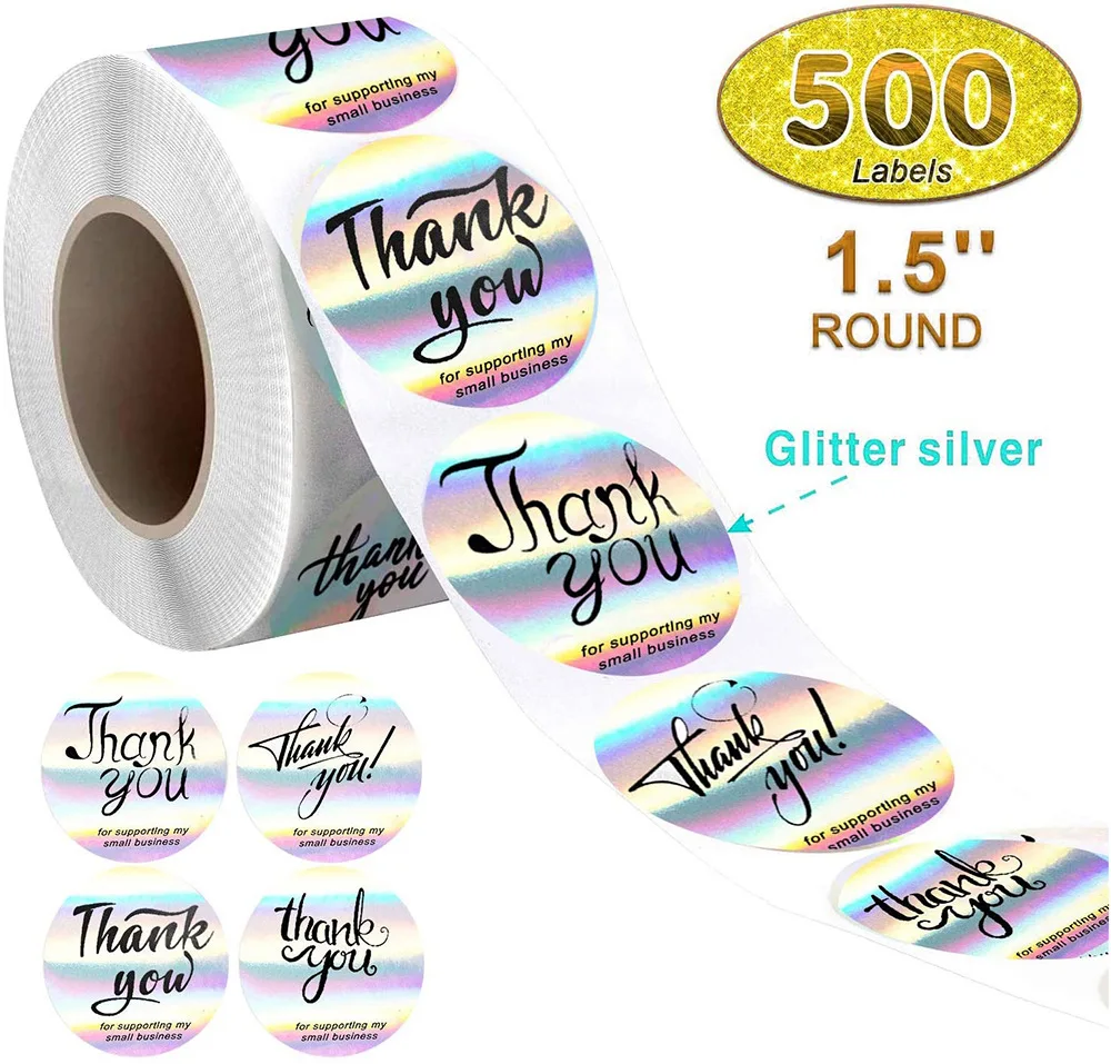 500pcs 1/1.5inch Rainbow Laser Благодаря ви стикери 1inch малък бизнес стикери самозалепващи етикети за бутици опаковъчни консумативи