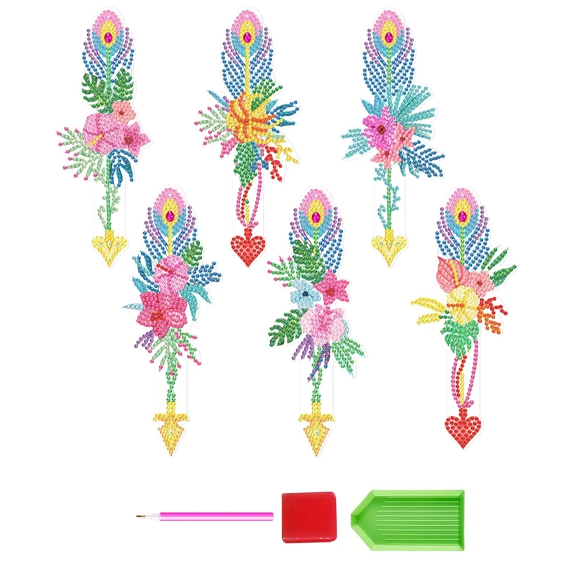 6 бр. Диамантена боя Комплект отметки Art 5D DIY Feather Rhinestones Bookmark за възрастни Детски отметки за занаятчийско училище