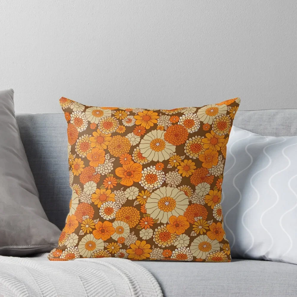 70s ретро маргаритки, реколта цвете мощност, оранжево и кафяво, бохо, Хвърли възглавница луксозна възглавница покритие еластична покривка за диван