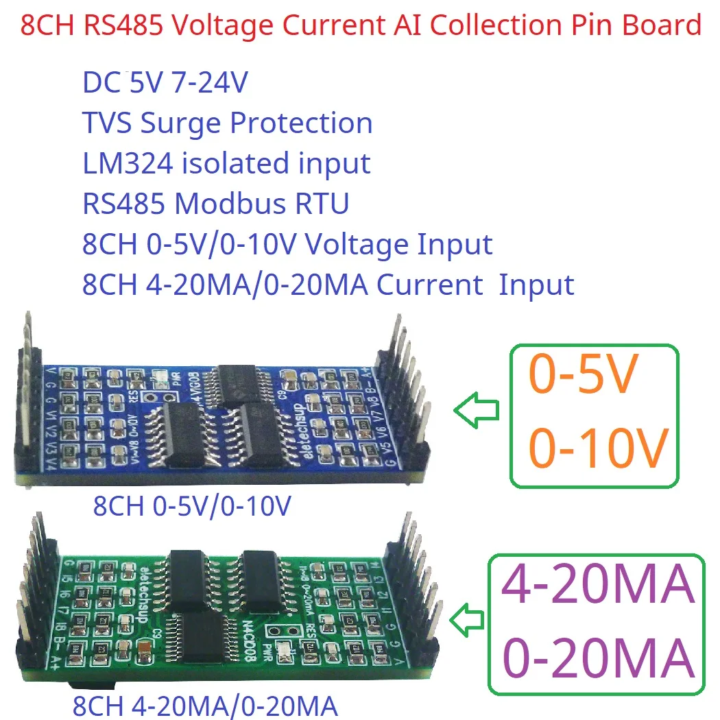 8AI 0-5V 0-10V 4-20MA 0-20MA Колектор на ток на напрежение ADC RS485 Modbus Rtu аналогов безхартиен рекордер 2.54MM PinBoard