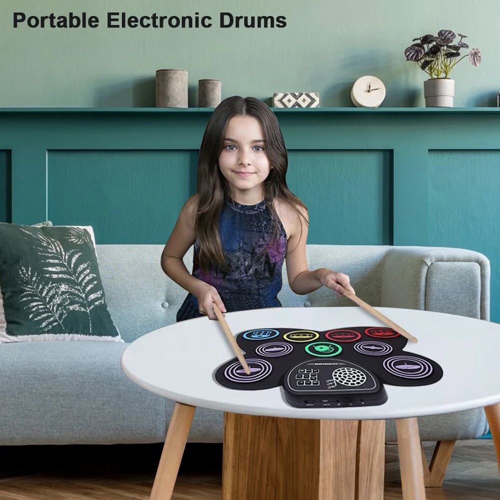9 Подложки Електронен барабанен ударен инструмент с барабанни пръчки Педали за крака Вградени стерео високоговорители Подарък за деца Възрастни