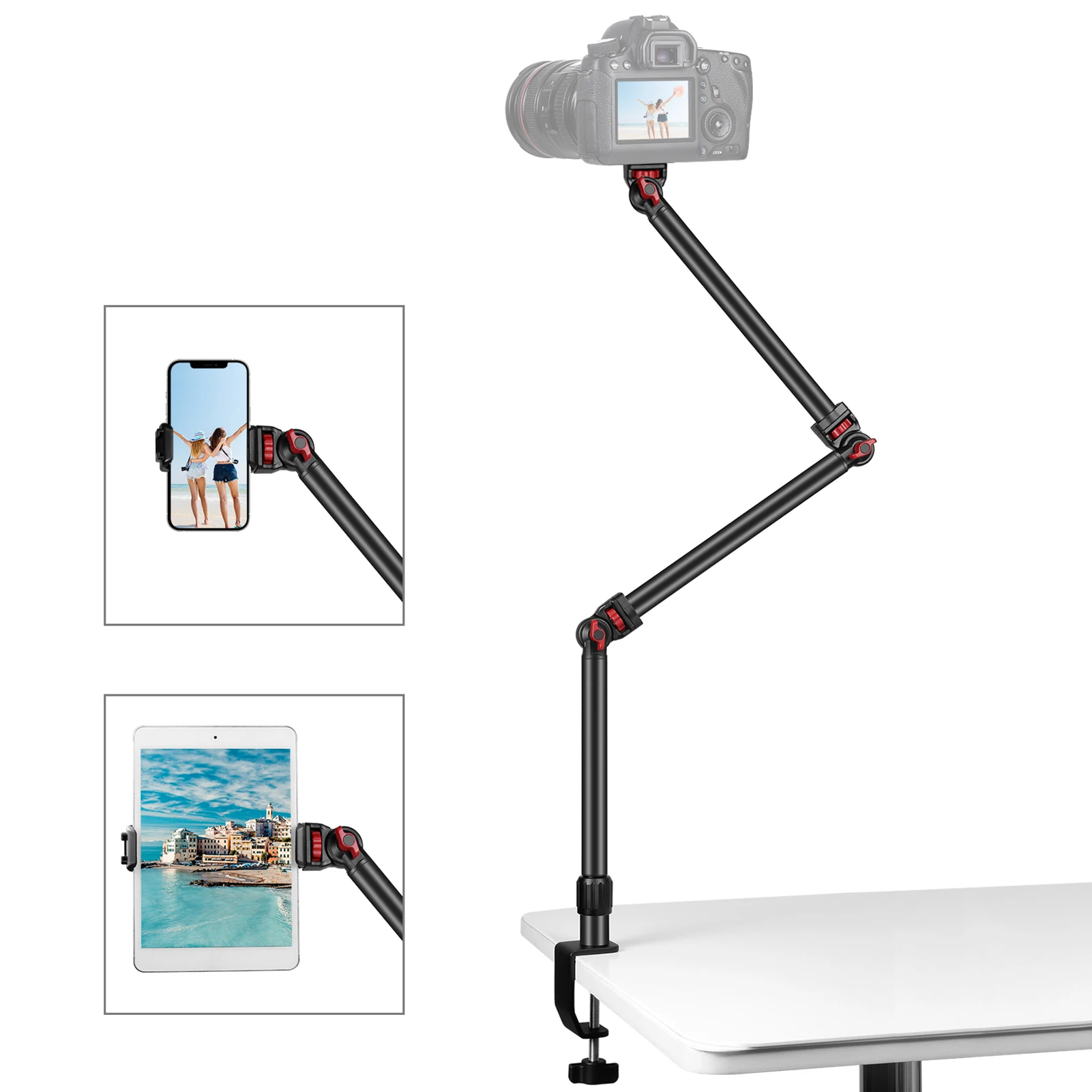 C-скоба за монтиране на бюро 3-секционна гъвкава рамена настолна стойка за стрийминг на живо за DSLR смартфон таблет LED пръстен светлина уеб камера