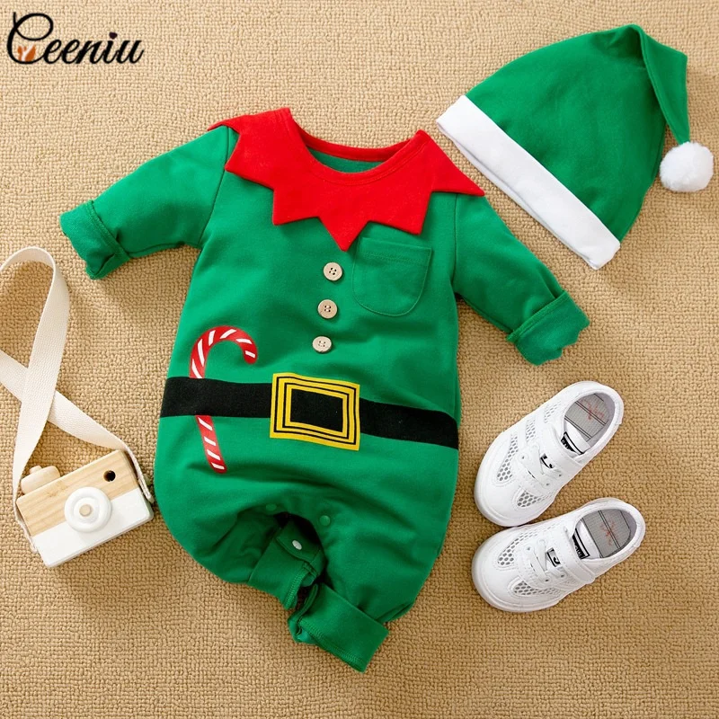 Ceeniu 0-18M Моите първи коледни бебешки дрехи Червен Дядо Коледа боди за новородени с шапка Нова година бебе костюм