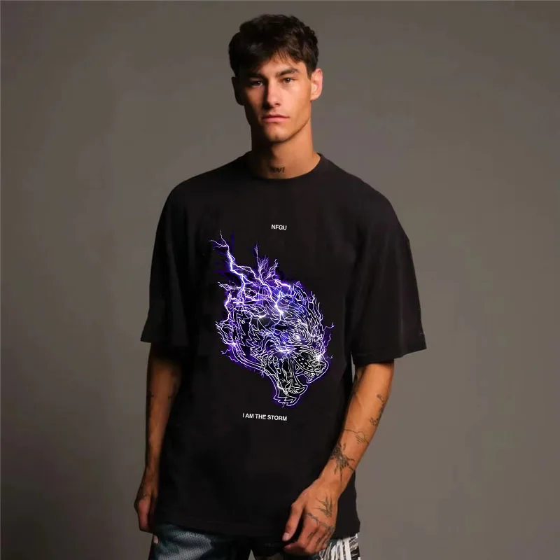 DARC Светкавична тениска с вълчи принт 2022 Мъжка хип-хоп тениска Streetwear Летни блузи с къс ръкав Tee Trend Тениски с памучен принт