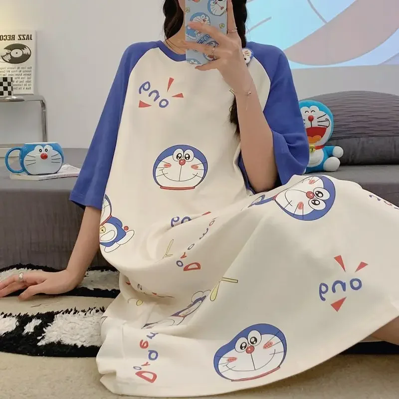 Doraemon спално облекло ins Summer Girl Nightdress Дамски халати с къс ръкав Свободни дрехи за дома Сладка карикатура пижама