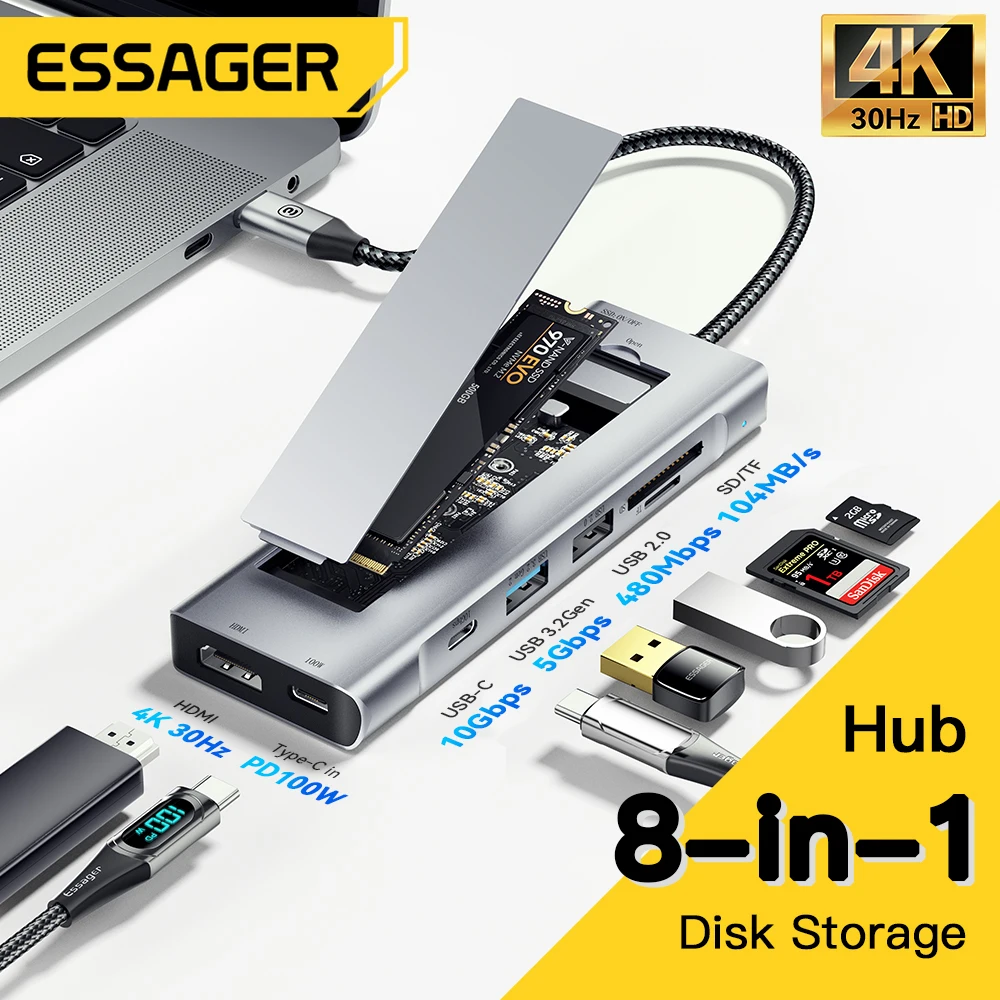Essager USB тип C хъб с функция за дисково съхранение 8 в 1 USB C към SATA SSD HDD лаптоп док станция PC за Macbook Pro Air M1 M2