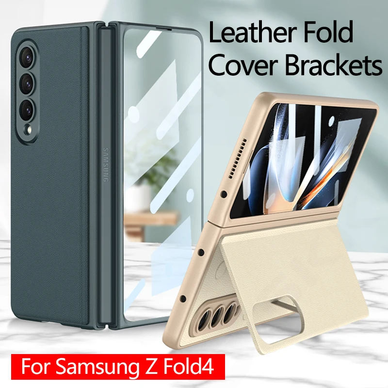 GKK за Galaxy Z Fold 4 случай луксозен кожен флип държач твърд за Samsung Galaxy Z Fold4 Всички включени закалено стъкло рамка случай