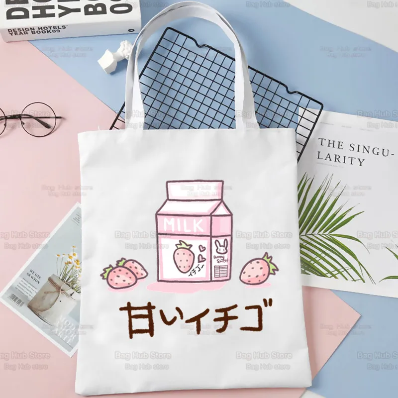 Japan Strawberry Juice Graphic Print Shopping Bag Shopper Eco Canvas Cotton Shopper Bolsas De Tela Bag Sshopping Многократна употреба Sacolas
