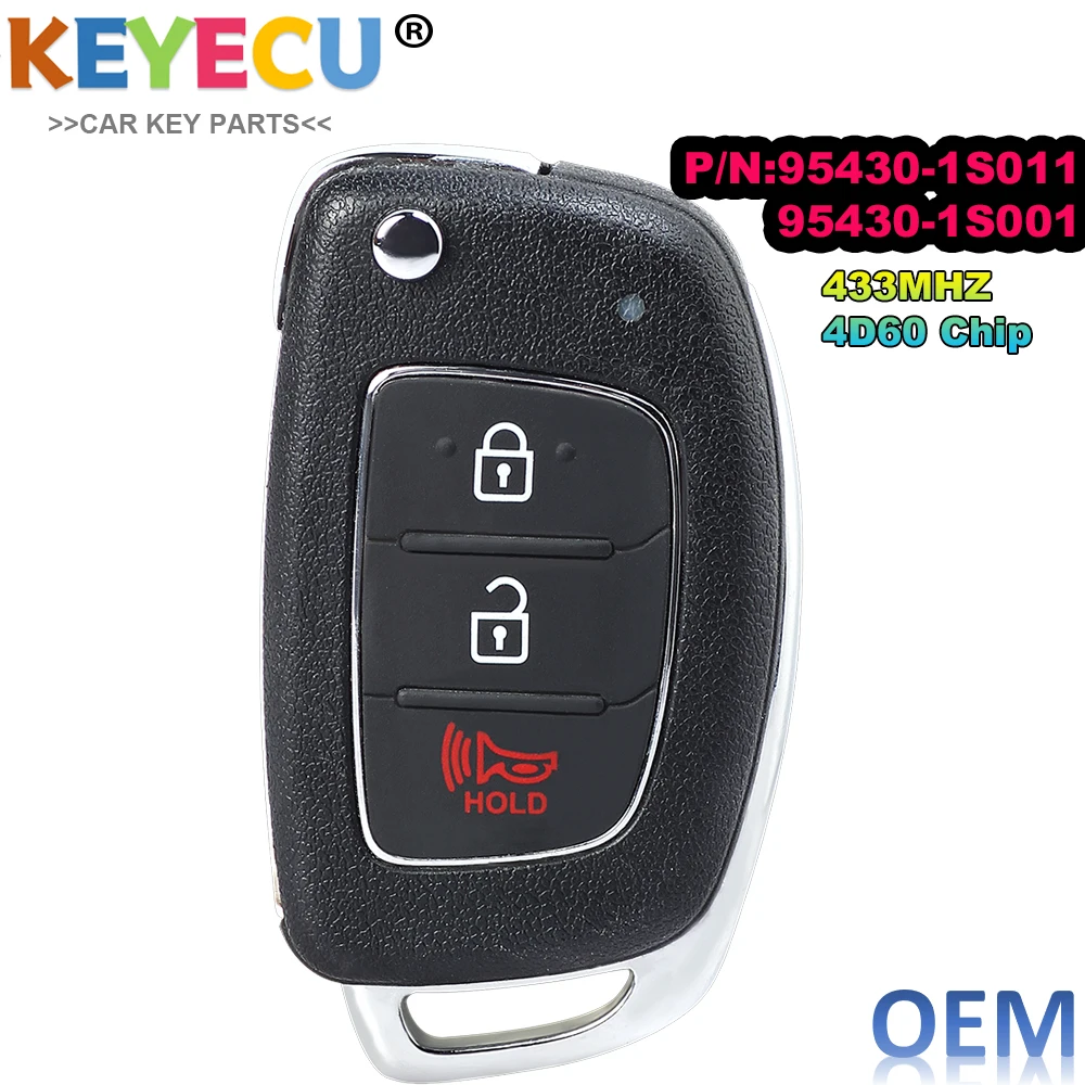 KEYECU OEM оригинален ключодържател без ключ Дистанционно 3 бутона 434MHz 4D60 80BIT за Hyundai HB20 95430-1S011 / 1S001 OKA-866T