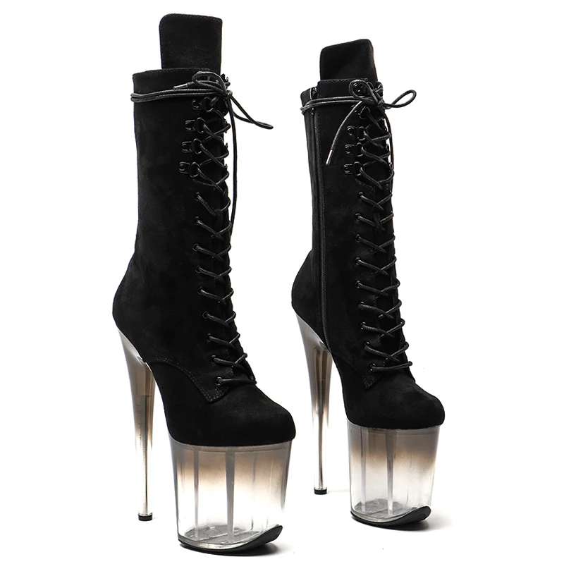Leecabe 20CM/8Inch Велур Горна прозрачна черна градиент Платформа дискотека парти Обувки на високи токчета Танцова обувка на пилон