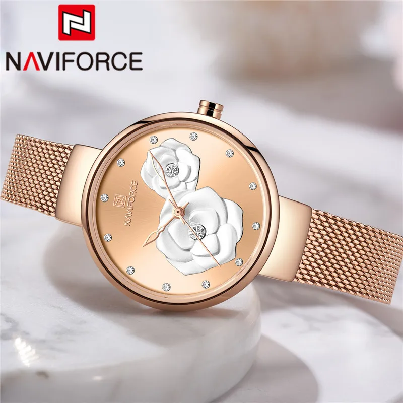 NAVIFORCE Дамски часовник Топ марка Луксозно розово злато Дамски ръчен часовник Mesh неръждаема стомана гривна цвете женски часовник подарък 5013