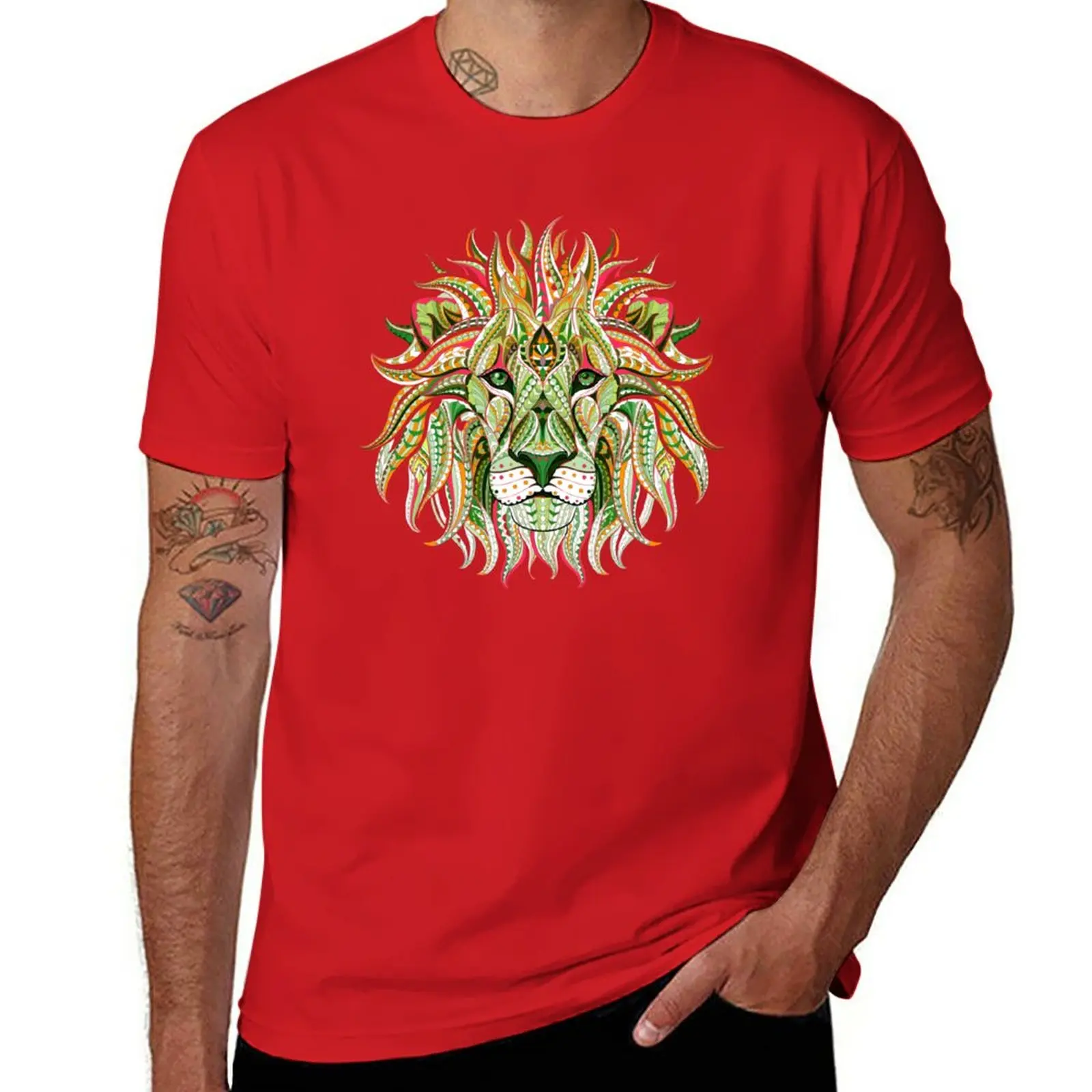 New lion green mandala lines red yoga india king jungle lion T-shirt T-shirt for a boy Tee shirt plain white t shirts men