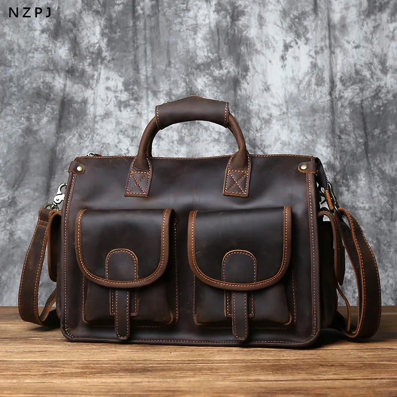 NZPJ Реколта естествена кожа мъжки куфарче луд кон чанта естествен телешка пътуване чанта случайни рамо Crossbody чанта