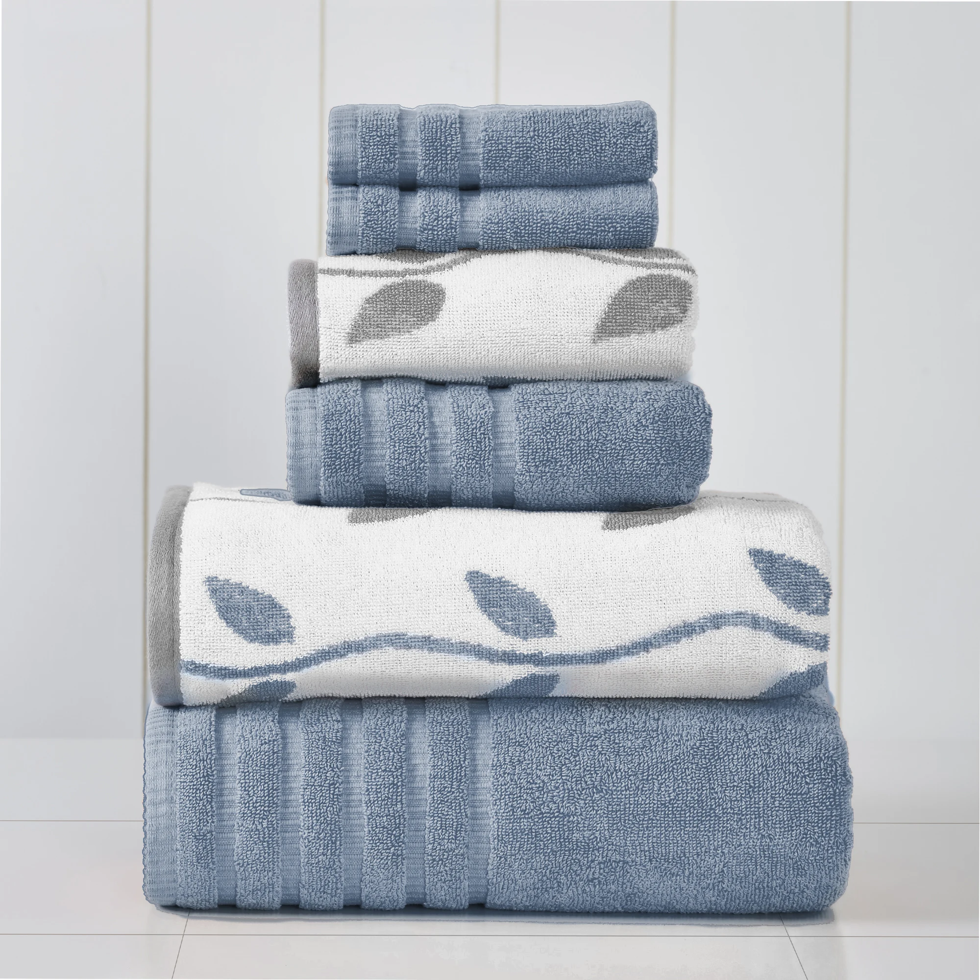 Organic Vines 6-Piece Cotton Adult Bath Towel Set, Blue,: 100% пениран памук SHIP USA