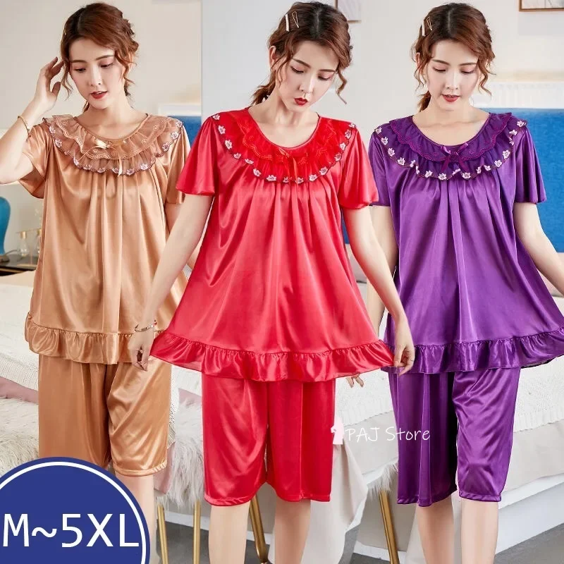 PAJ Голям бюст 5XL сатенена пижама комплект Дамска пижама с къси панталони Домашно облекло за жени на средна възраст Евтини нощници Nighty за дами