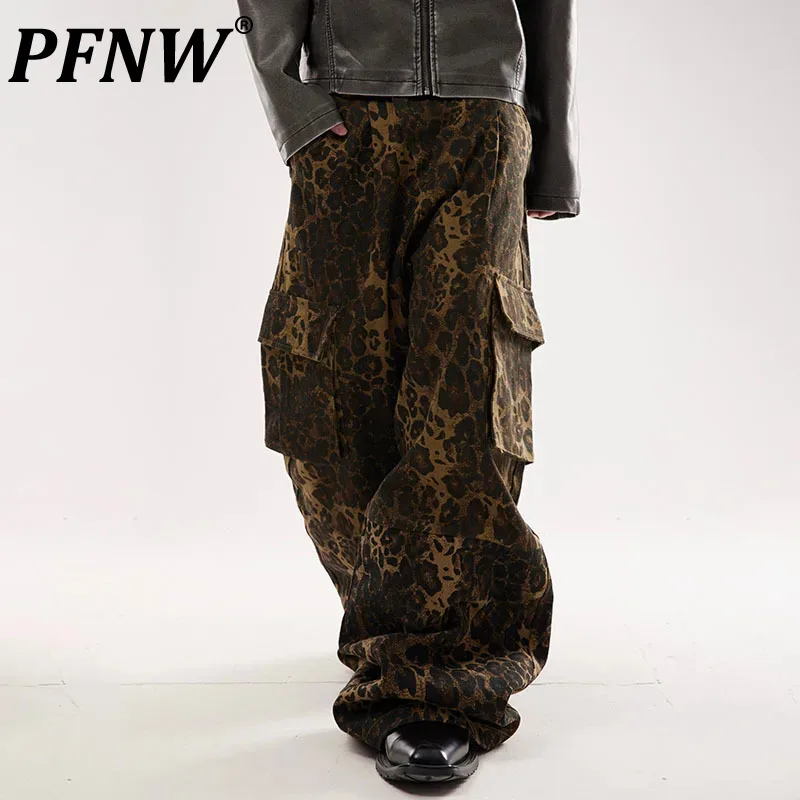 PFNW ниша дизайн се чувства несъответстващ хлабав талията джобове прав случайни панталони мъжки леопард печат прилив шик мода нов 12Z7046