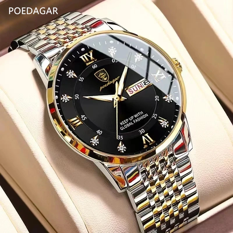POEDAGAR Модни кварцови ръчни часовници Кожа Casual Бизнес Диамантен часовник Мъжки Луксозен часовник Автоматични часовници Мъжки златни релоджи