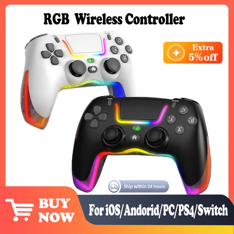 RGB безжичен контролер за PS4 тънък / Pro елитен превключвател PC iOS Android двойна вибрация Joysitck с шестосен жироскоп геймпад