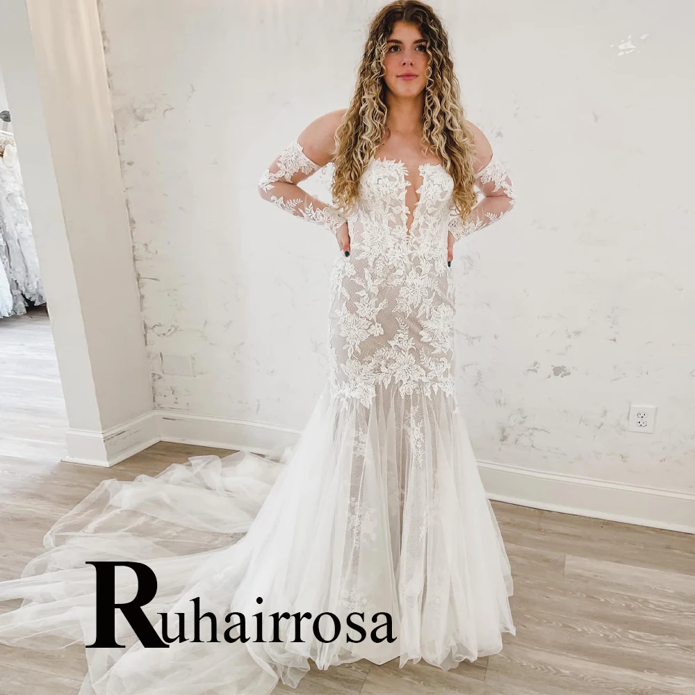 Ruhair очарователен русалка сватбени рокли за жени апликации дантела без гръб съд влак тюл по поръчка Vestido де Casamento