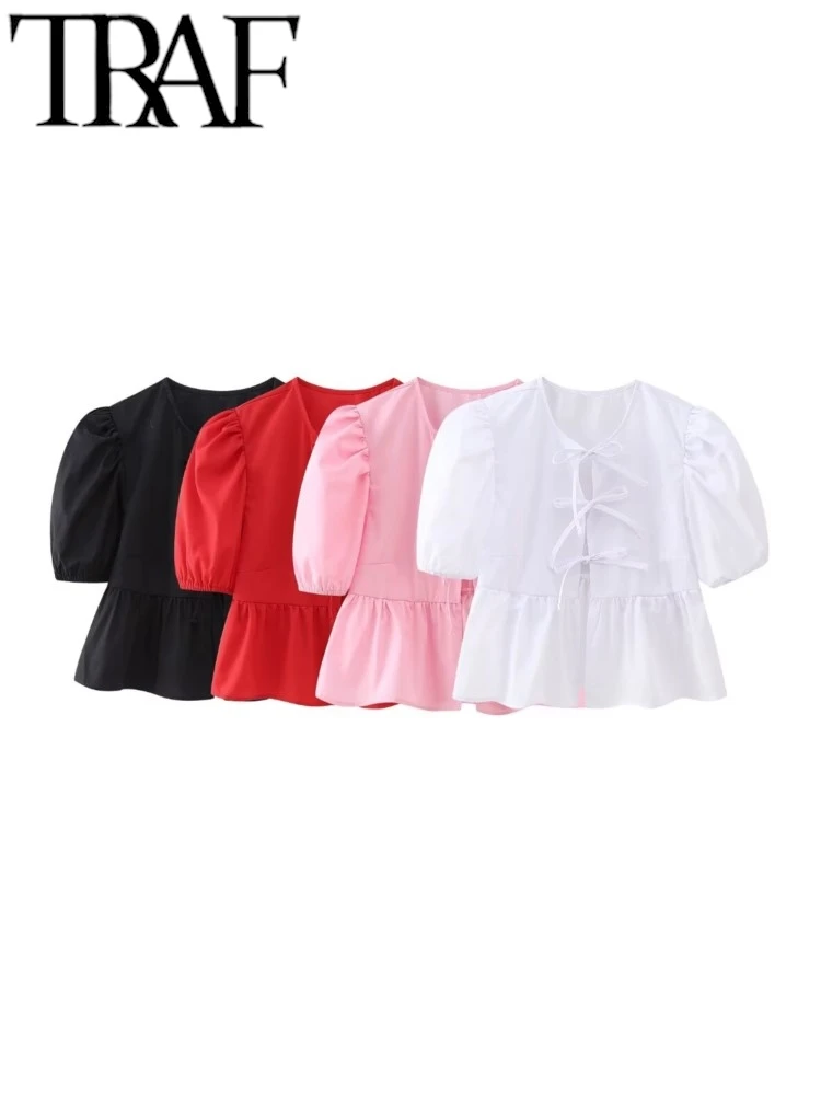 TRAF 2024 Пролет бутер ръкав жени случайни блуза Bowknot вързани тънък къса риза женски изрязване отгоре сладки момичета Y2K черен червен 