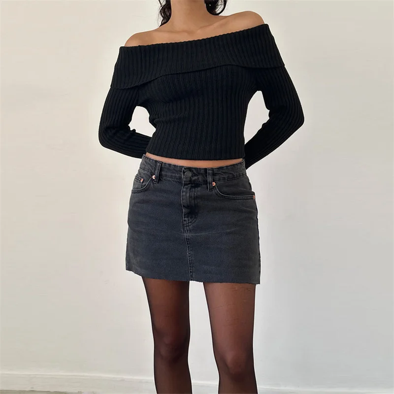 Xingqing пуловер плета Crop Top y2k облекло жени плътен цвят разстояние рамо дълъг ръкав пуловер T риза 2000s джъмпери улично облекло