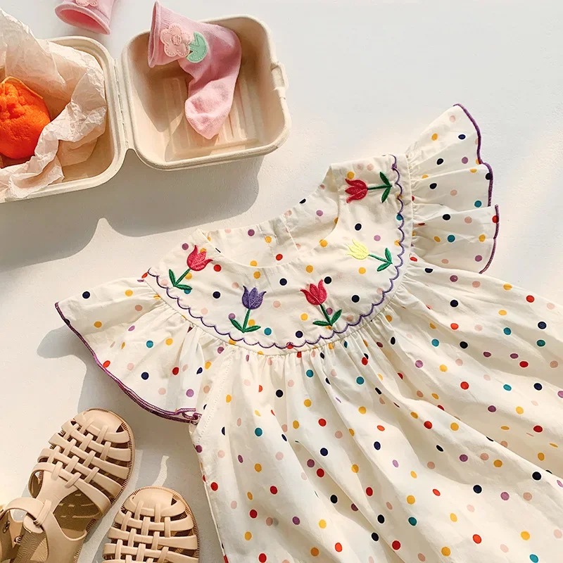 Бебешка рокля 2-8Y Детска цветна точкова рокля за бродерия на лалета Момичета летящи ръкави Сладка принцеса рокля