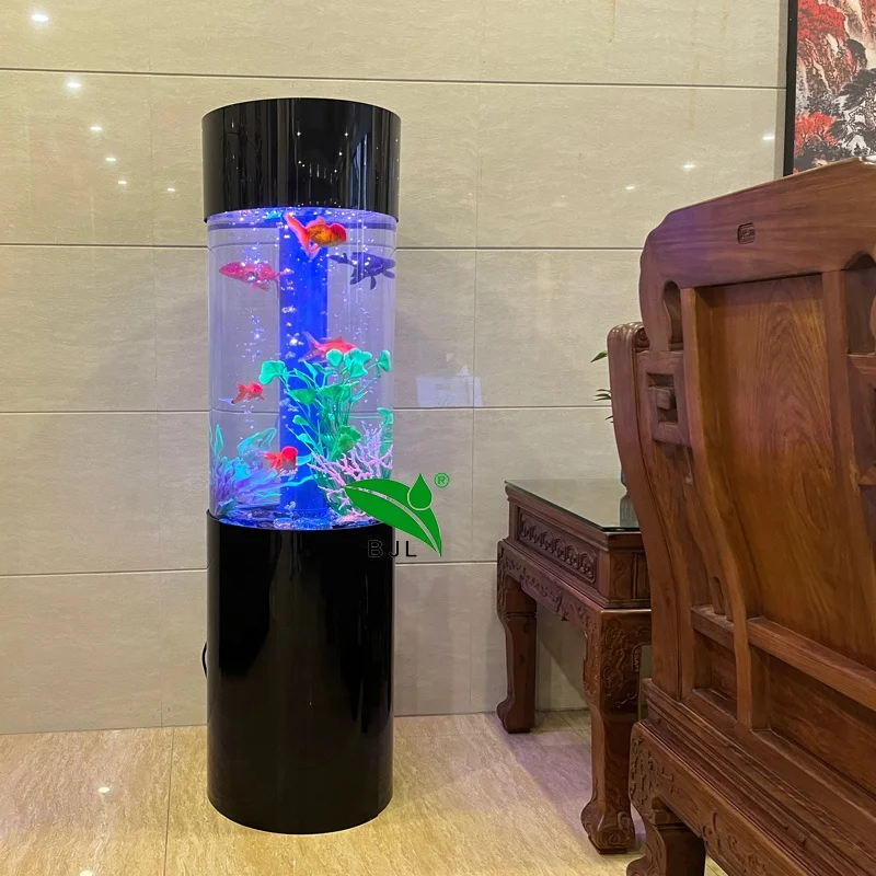 домашен декор LED светлина акрилен кръгъл аквариум цилиндричен резервоар за риба с филтърна система кутия