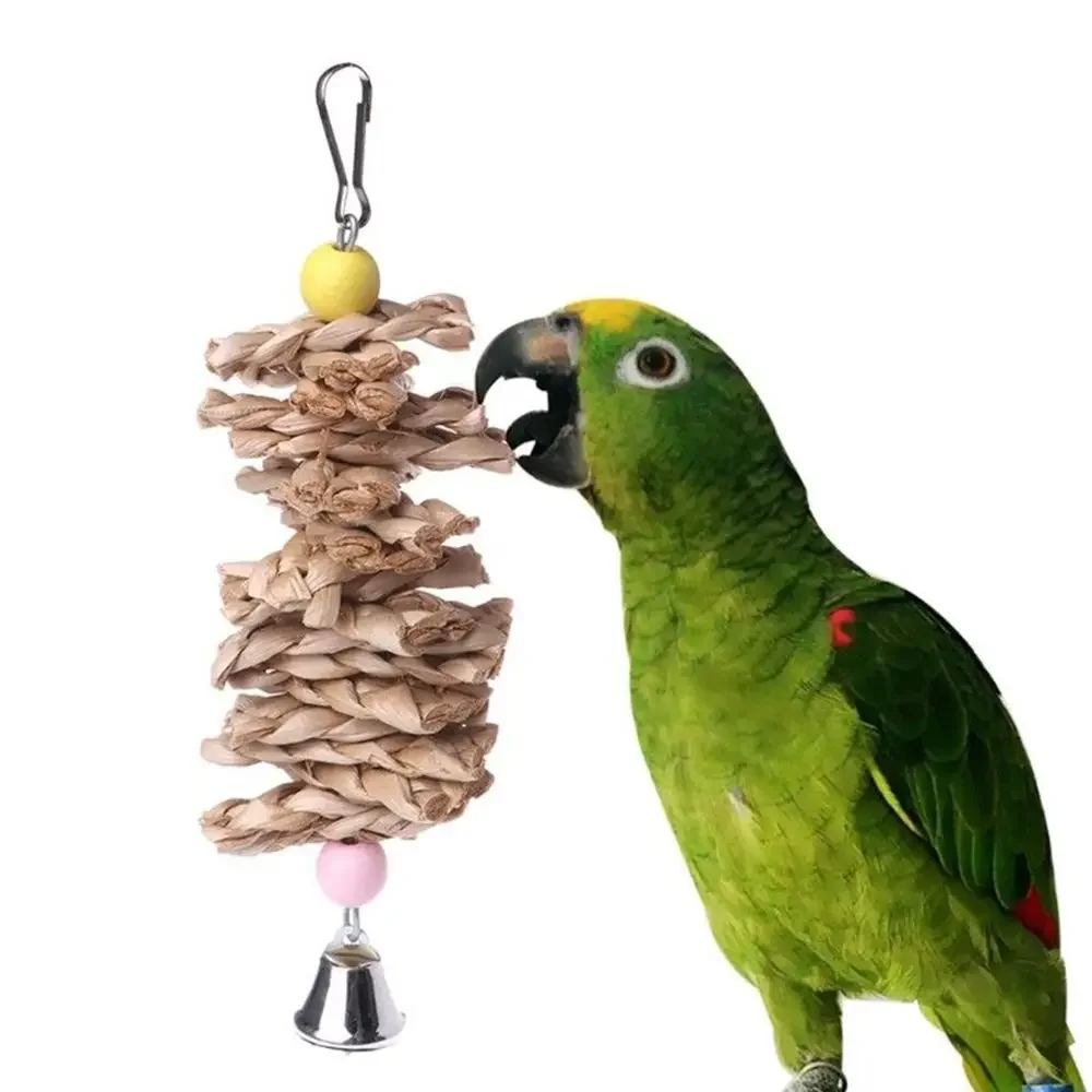 Естествени дървени играчки с камбани за птици, хапеща клетка, люлка за скално катерене, клетка за дъвчене, играчки за окачване на папагали