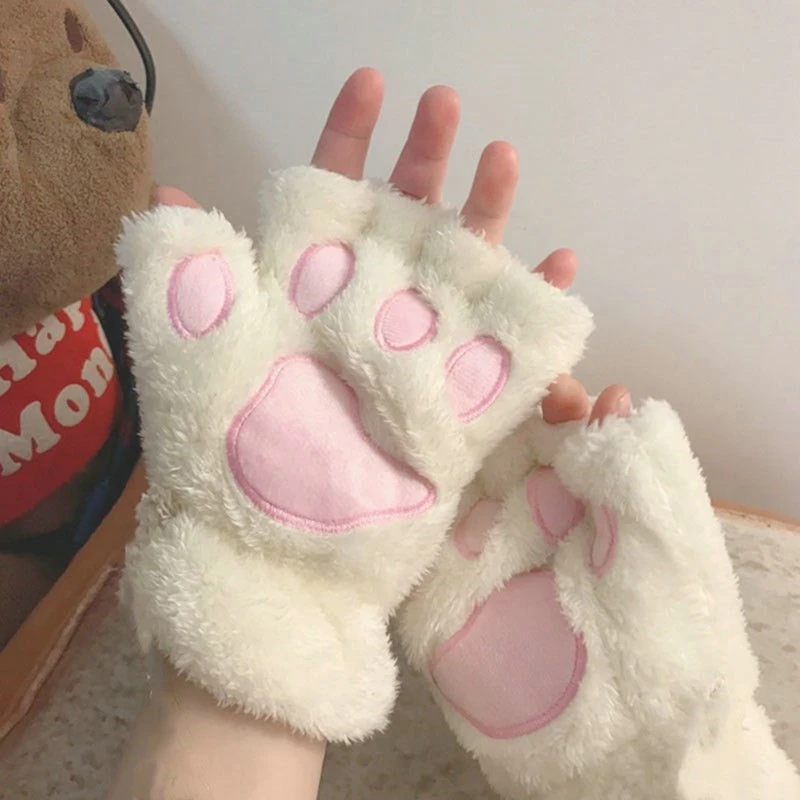Жените Kawaii котка нокът ръкавици мода карикатура плюшени ръкавици мечка лапа изложени половин пръсти зимни ръкавици топло меки плюшени ръкавици