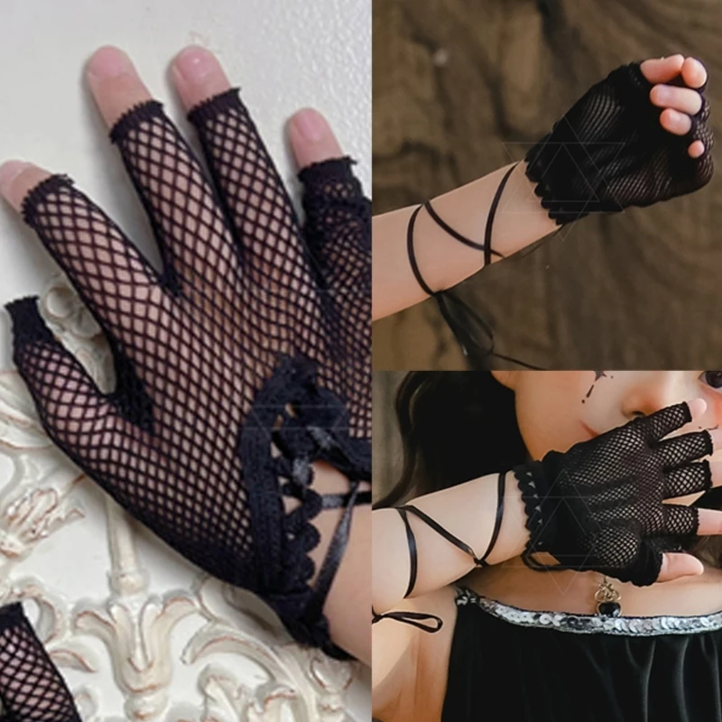 Жените булката къси ръкавици нощен клуб кухи анти UV еластичност ръкавици танц половин пръст ръкавици превръзка въже окото дропшипинг