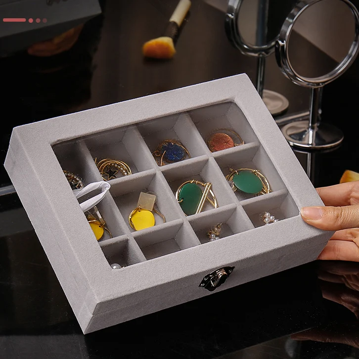 Кадифена стъклена бижутерия дисплей корейски стил обеци плоча кутия за бижута преносими обеци пръстен многофункционална кутия за съхранение на бижута