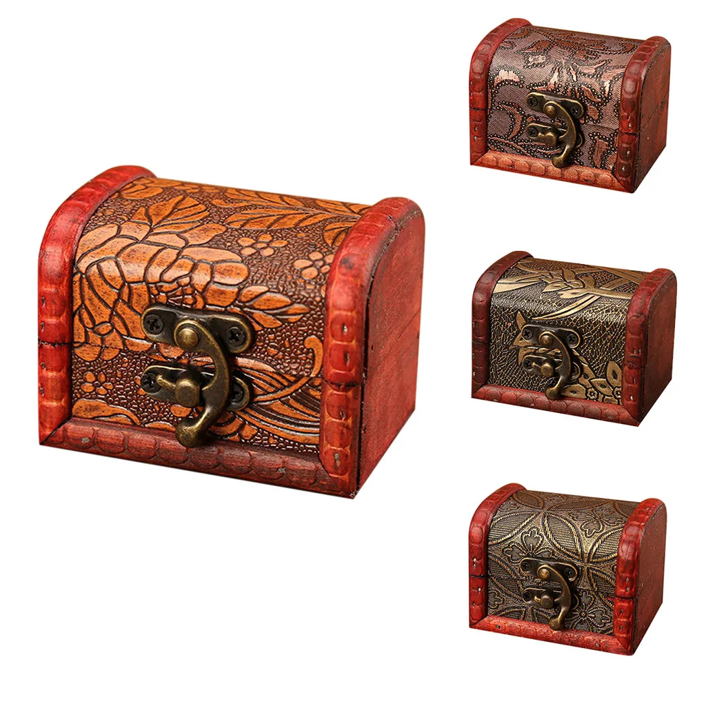Класическа кутия за бижута Ретро стил дърво ръчно изработена кутия с мини метална брава за съхранение на бижута съкровище перла грим червило кутии