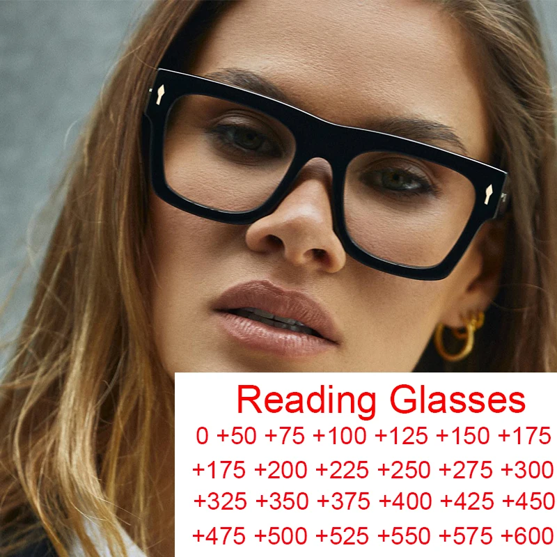 Класическа черна луксозна марка Дамски очила за четене Анти синя светлина Прозрачни очила Модерни извънгабаритни квадратни очила Мъже +2