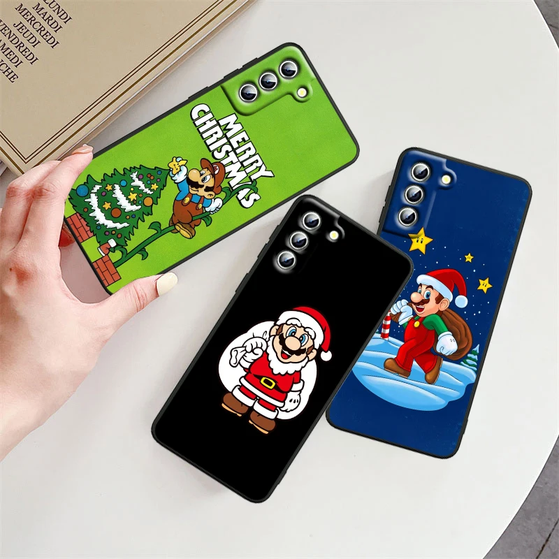 Коледа Марио сладък карикатура телефон случай за Samsung S24 S23 S22 S21 S20 FE S10 S10E S9 плюс Ultra Pro Lite 5G черен капак
