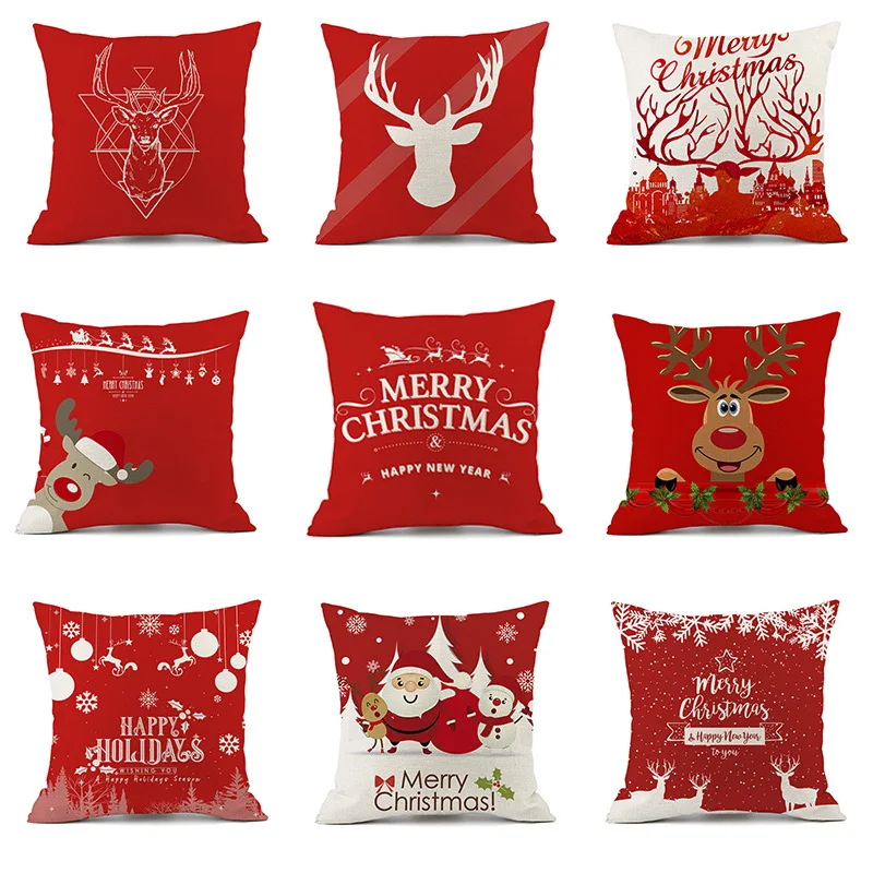 Коледна калъфка за възглавница Moose Father Christmas Red Festive Printed Linen Cushion Nap Back Home Car Decoration Pillow Cover