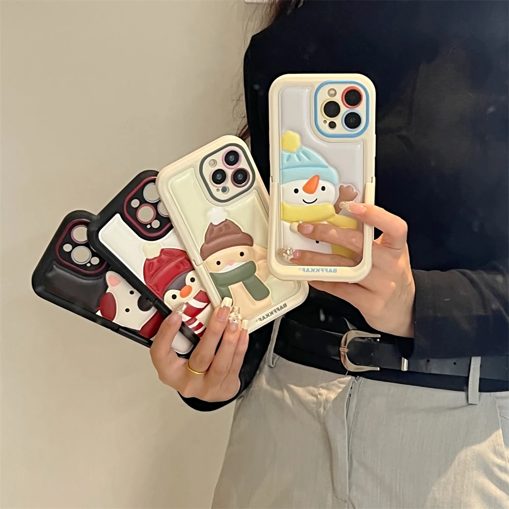 Корейски Сладък шал Снежен човек Мечка Пингвин Невидима стойка Кожен калъф за iphone 11 12 13 14 15 Pro Max капак за защита от карикатура