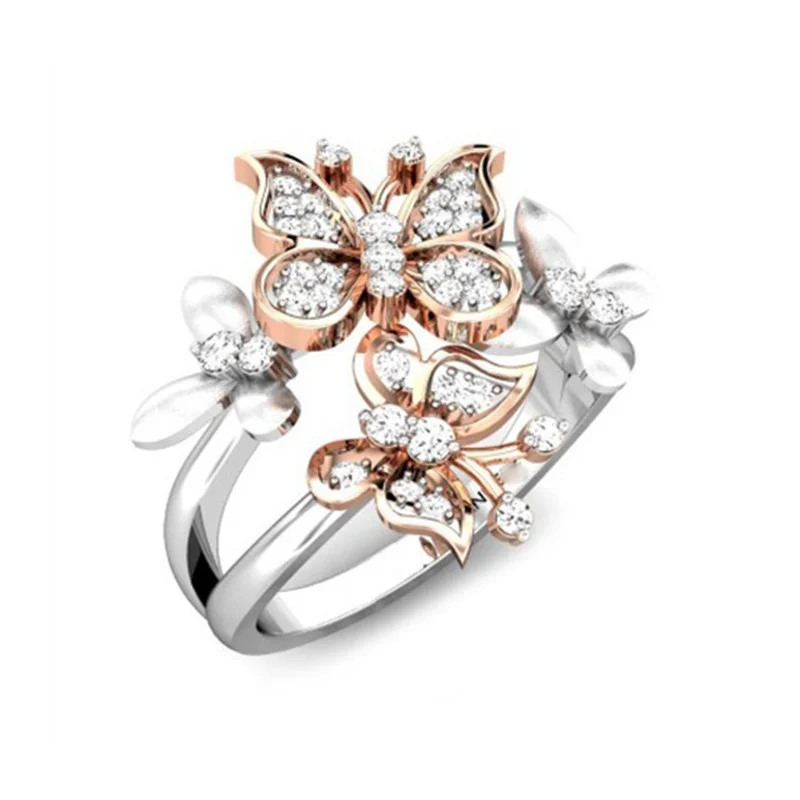 Луксозна женска бяла пеперуда циркон пръстен розово злато сребърен цвят сватбени пръстени за жени чар малък камък годежен пръстен