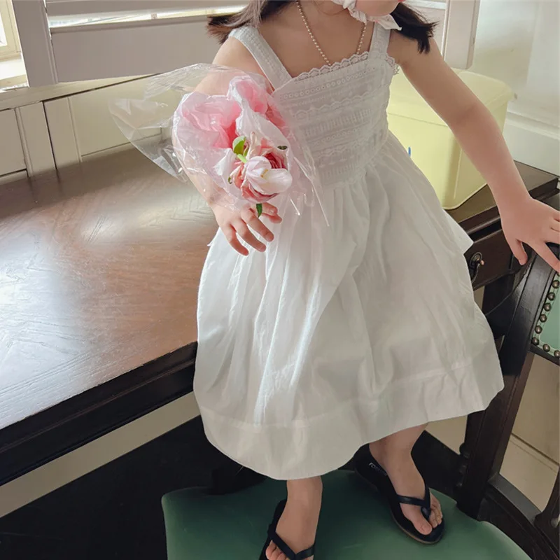 Лято бебе момичета мода дантела принцеса рокля памук бял приплъзване рокля без ръкави sundress