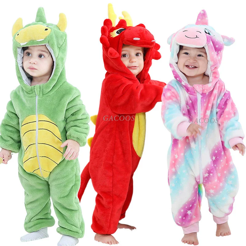 Малки момчета Onesies бебе момиче Kigurumi пижама дракон еднорог крава животно косплей костюм зимен плюшен гащеризон 1 до 2 3 4 години