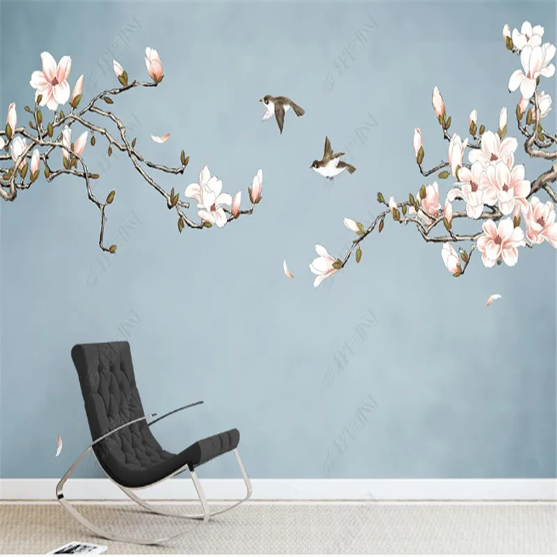 Модерен нов китайски домашен декор стенопис тапет за хол Магнолия цвете птица телевизия фон стена хартия декорация живопис