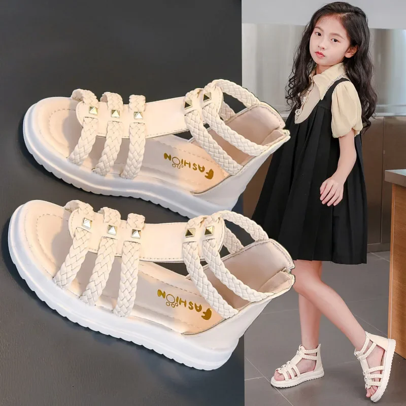 момичета римски сандали отворени пръсти плетен плътен цвят висок връх прости нитове нови летни кухи плоски ежедневни обувки деца мода случайни